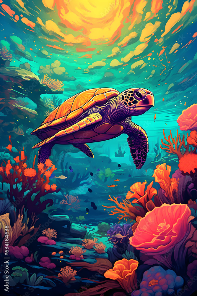 Sea turtle swimming in the ocean between coral reef - obrazy, fototapety, plakaty 