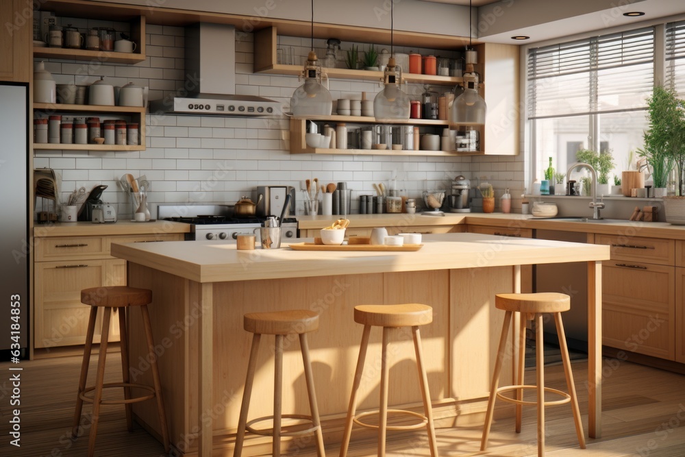State-of-the-Art Kitchen: Wooden Cabinets, Island, and Modern Appliances in a Spacious, Contemporary Setting. Generative AI