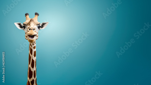 Cute giraffe with happy positive smiling expression. Wide banner copy space on side. Generative AI