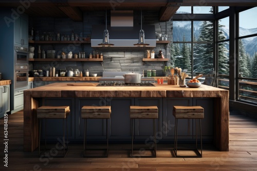 Contemporary Culinary Haven: A Modern, Spacious Kitchen with Wooden Cabinets, Island, and High-Tech Appliances. Generative AI
