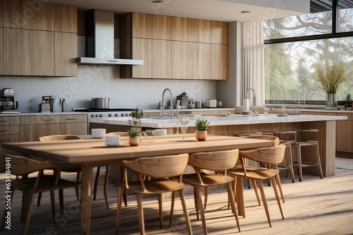 Contemporary Culinary Haven: A Modern, Spacious Kitchen with Wooden Cabinets, Island, and High-Tech Appliances. Generative AI