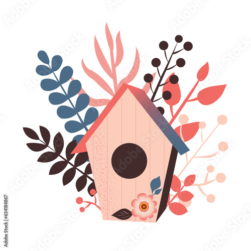Wooden colorful birdhouse. House for feathered animals. Spring time for nesting. Ornamental leaves and berries on an isolated white background. Vector illustration.