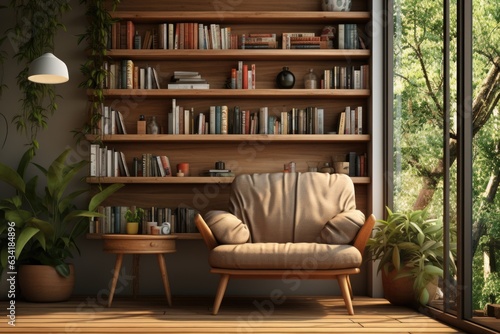 Modern Reading Retreat: A Cozy Nook with Wooden Bookshelf and Comfortable Seating. Generative AI © Ivy