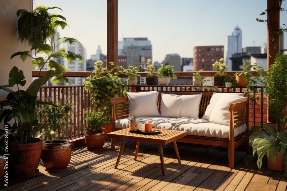Chic Balcony Setup: Modern Wooden Outdoor Furniture and Potted Plants Creating a Cozy Space. Generative AI