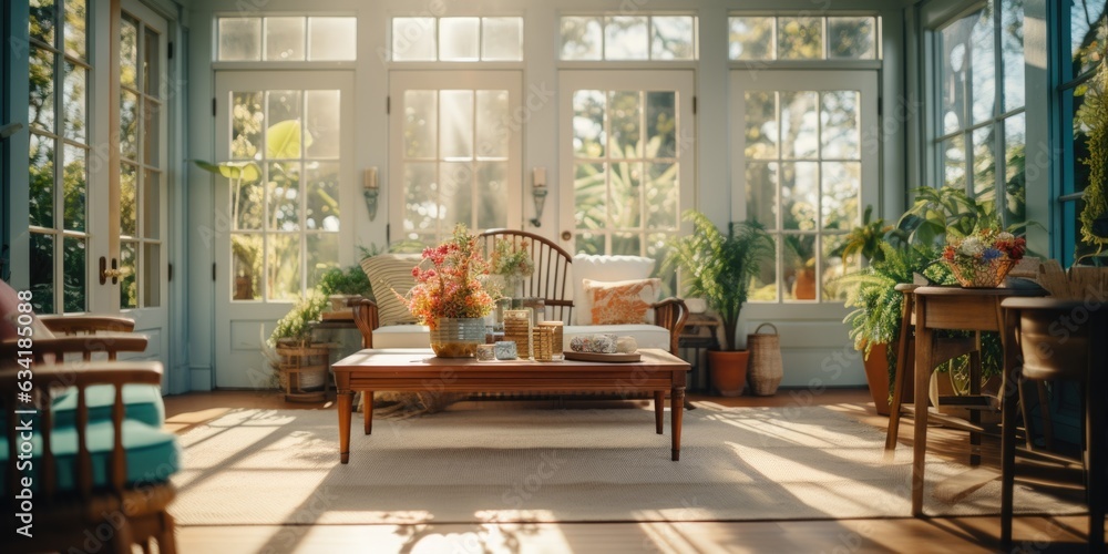 Sunroom Serenity: A Space Enhanced by Modern Wooden French Doors, Filling the Room with Daylight. Generative AI