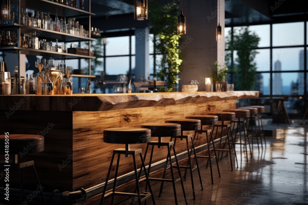 A sleek modern bar area with wooden countertops and bar stools. Generative AI