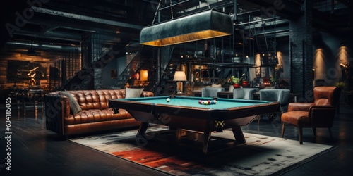 A game room with a wooden pool table and modern leather seating. Generative AI