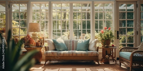 A sunroom with modern wooden French doors, inviting in the daylight. Generative AI