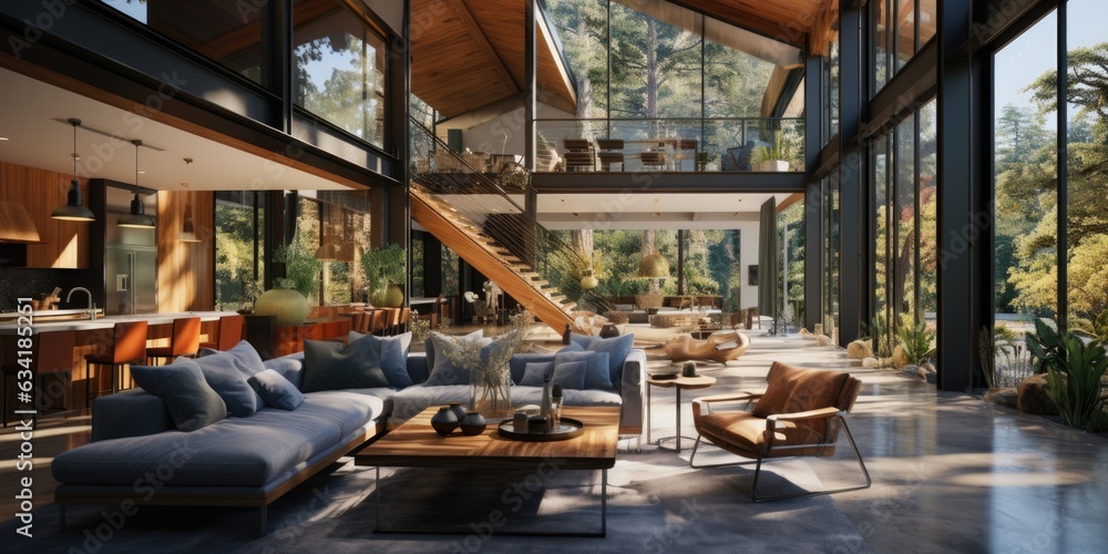 Sleek Open Concept: A Modern Home featuring Wooden Beams and Contemporary Furniture. Generative AI Sleek Open Concept: A Modern Home featuring Wooden Beams and Contemporary Furniture. Generative AI