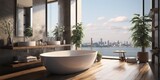 Wooden Elegance: A Modern Bathroom featuring Floor Standing Bathtub and Matching Sink. Generative AI