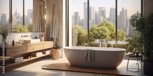 Wooden Elegance  A Modern Bathroom featuring Floor Standing Bathtub and Matching Sink. Generative AI