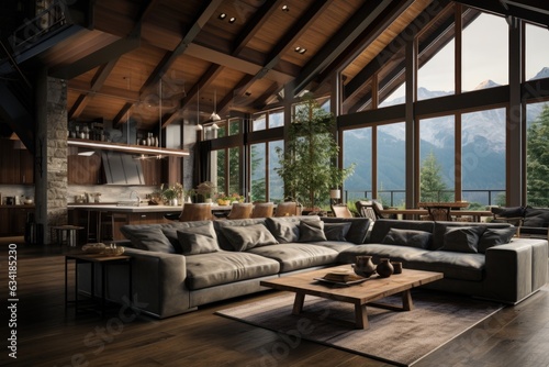 A modern open floor plan home with wooden beams and contemporary furnishings. Generative AI