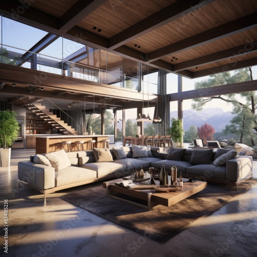 Contemporary Living Space: Modern Open Floor Plan Home with Wooden Beams and Stylish Furnishings. Generative AI © Ivy