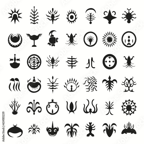 Various sea marine pictograms  glyphs  black and white  logotype glyph black and white silhouettes  and icons.