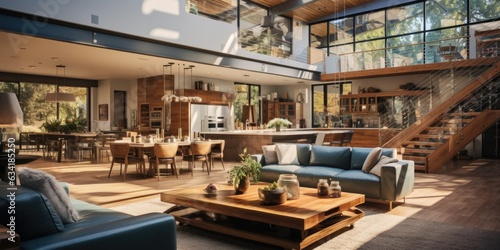Sleek Open Concept: A Modern Home featuring Wooden Beams and Contemporary Furniture. Generative AI