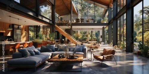 Sleek Open Concept  A Modern Home featuring Wooden Beams and Contemporary Furniture. Generative AI