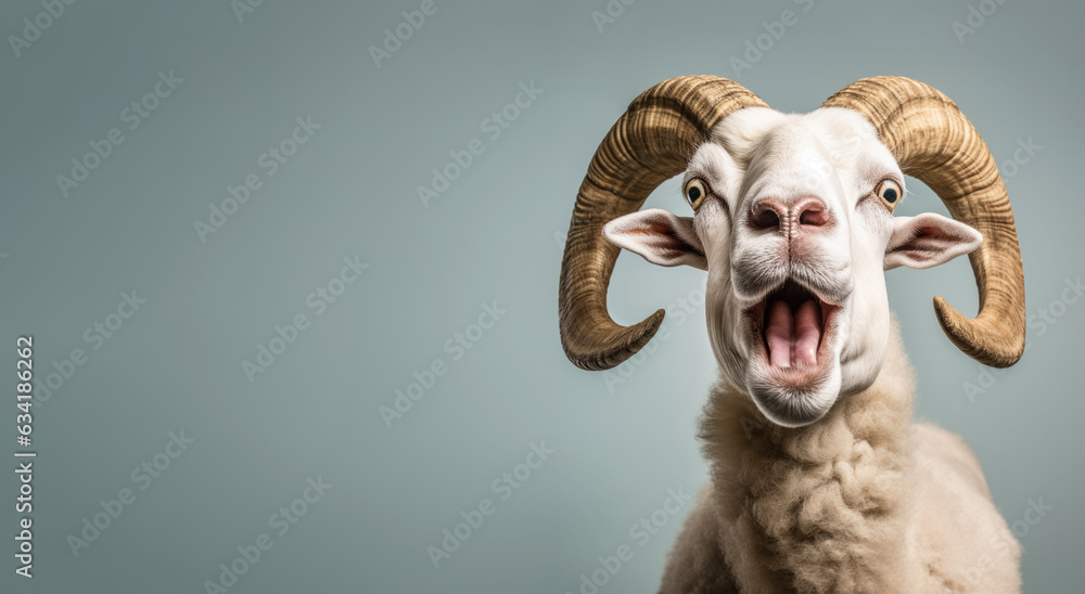 Ram or male sheep with shocked surprised expression, large eyes. Wide banner with copy space on side. Generative AI