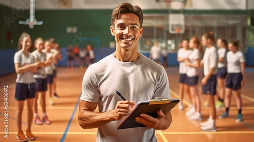 Portrait of physical education male teacher in a gym hall smiling and holding file pupils in the background  photo