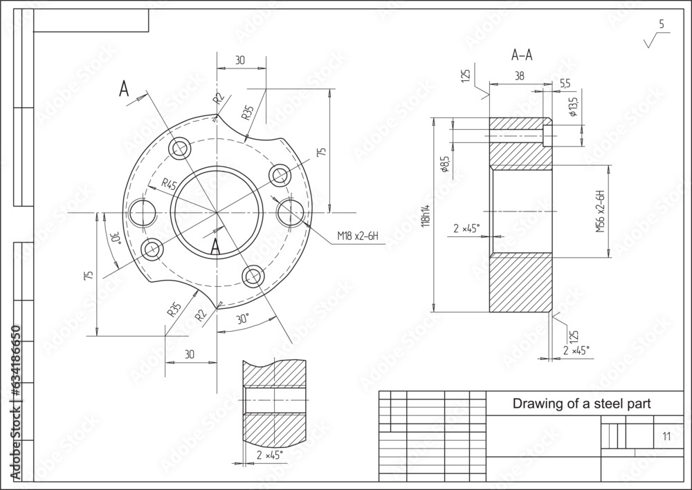 Vector drawing of a steel mechanical part with through holes.
Engineering cad scheme. Technical background.