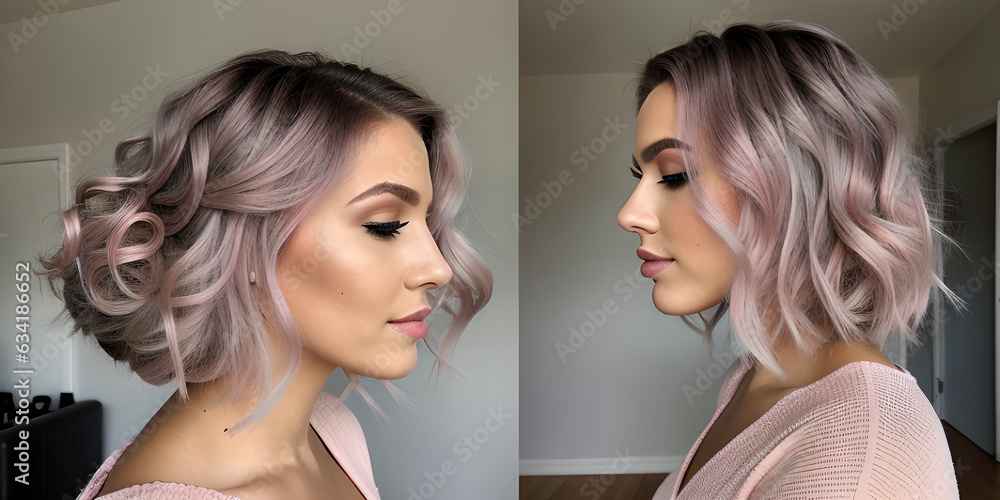 Beautiful woman in profile with long and shiny pink gray hair . Beauty model girl with curly hairstyle . Fashion, cosmetics and makeup Beautiful woman in profile with long and shiny pink gray hair . Beauty model girl with curly hairstyle . Fashion, cosmetics and makeup