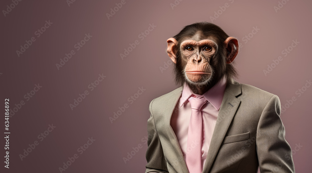 Ape or monkey in smart business suit and tie, looking serious businessman. Wide banner with copy space on side. Generative AI Ape or monkey in smart business suit and tie, looking serious businessman. Wide banner with copy space on side. Generative AI