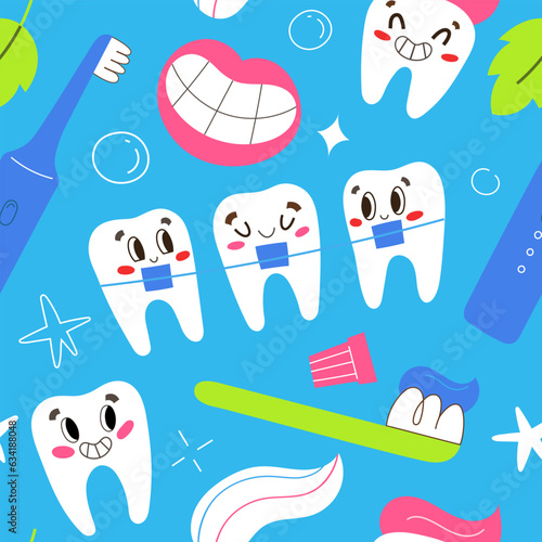 Cute teeth with braces, smiling cartoon characters, oral hygiene products, toothpaste, tooth brush, seamless pattern, repeat tile for kids dentistry