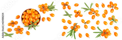 Sea buckthorn in wooden bowl. Fresh ripe berry with leaves isolated on white background with copy space for your text. Top view. Flat lay pattern