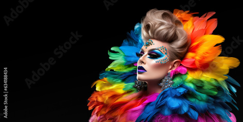 Drag queen person wearing heavy extravagant makeup and rainbow dress. Proud expression. Wide banner with copy space on side. Generative AI