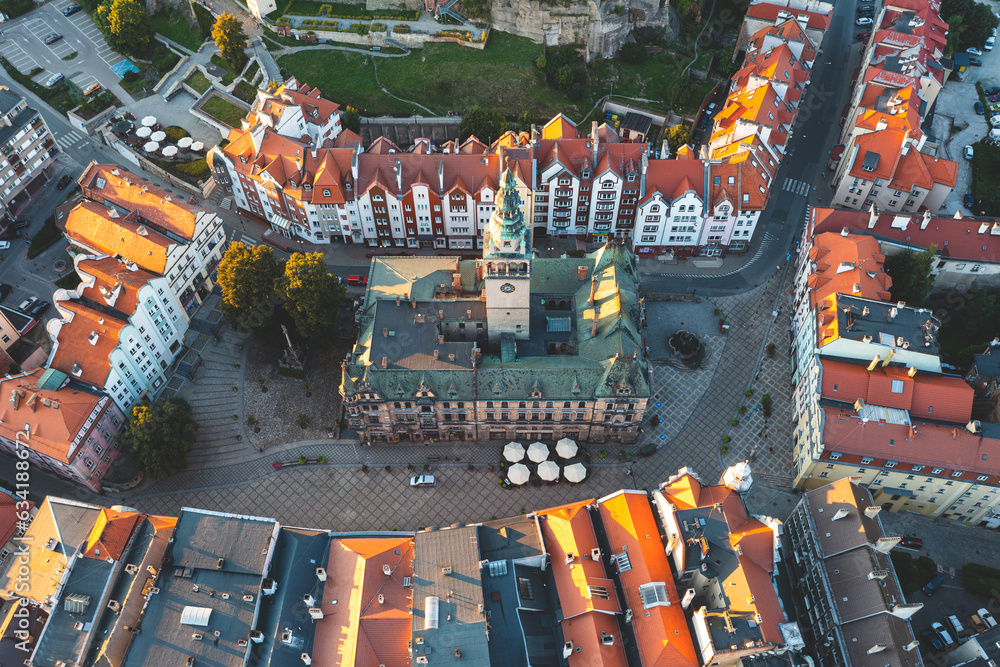 Obraz premium Aerial view of the old town with red roofs, cityscape at sunset, Poland
