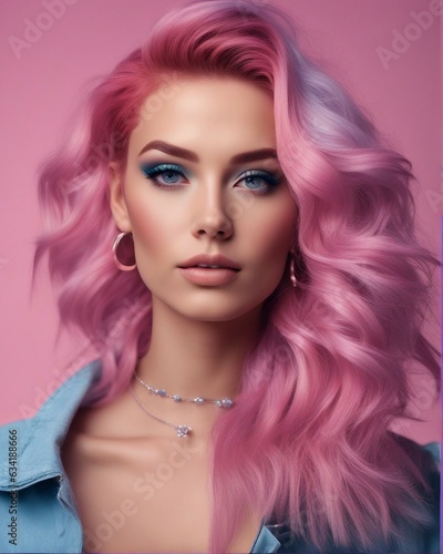 Prismatic Glam Model's Beauty with Pink and Sky Blue Hair on Watercolor, women day celebrate