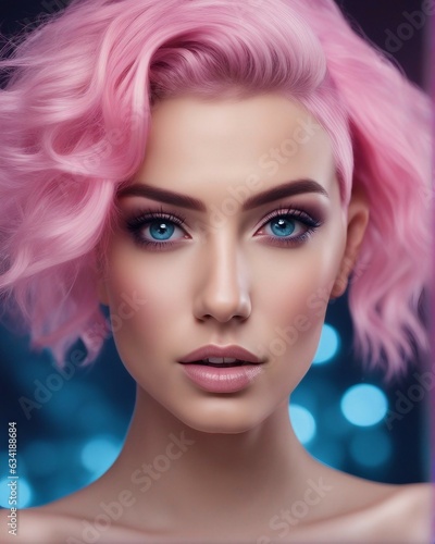 Prismatic Glam Model s Beauty with Pink and Sky Blue Hair on Watercolor  women day celebrate