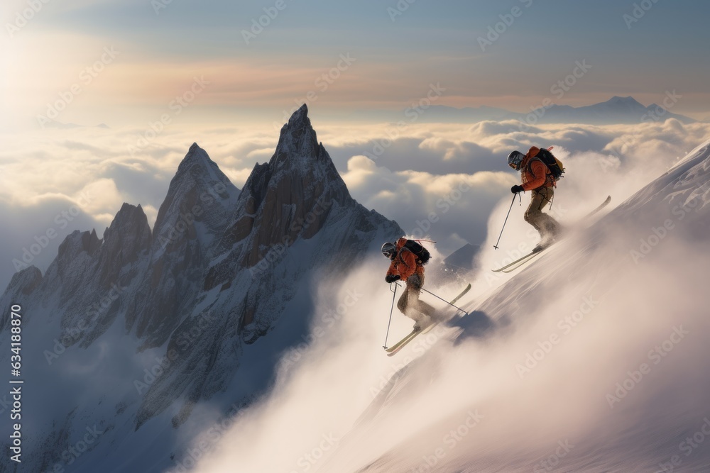 Two men are skiing on the mountain. Extreme sports, high mountains.