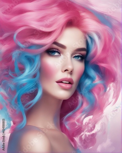 Prismatic Glam Model s Beauty with Pink and Sky Blue Hair on Watercolor  women day celebrate