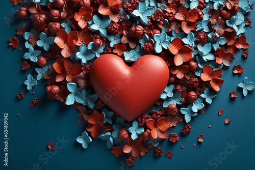 Red heart with artificial flowers on blue background. Generative AI