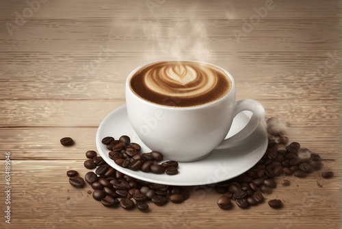 coffee cup with a world map on the backside, a Close up white coffee cup with a heart-shaped latte, and Espresso pouring from the coffee machine at a cafe