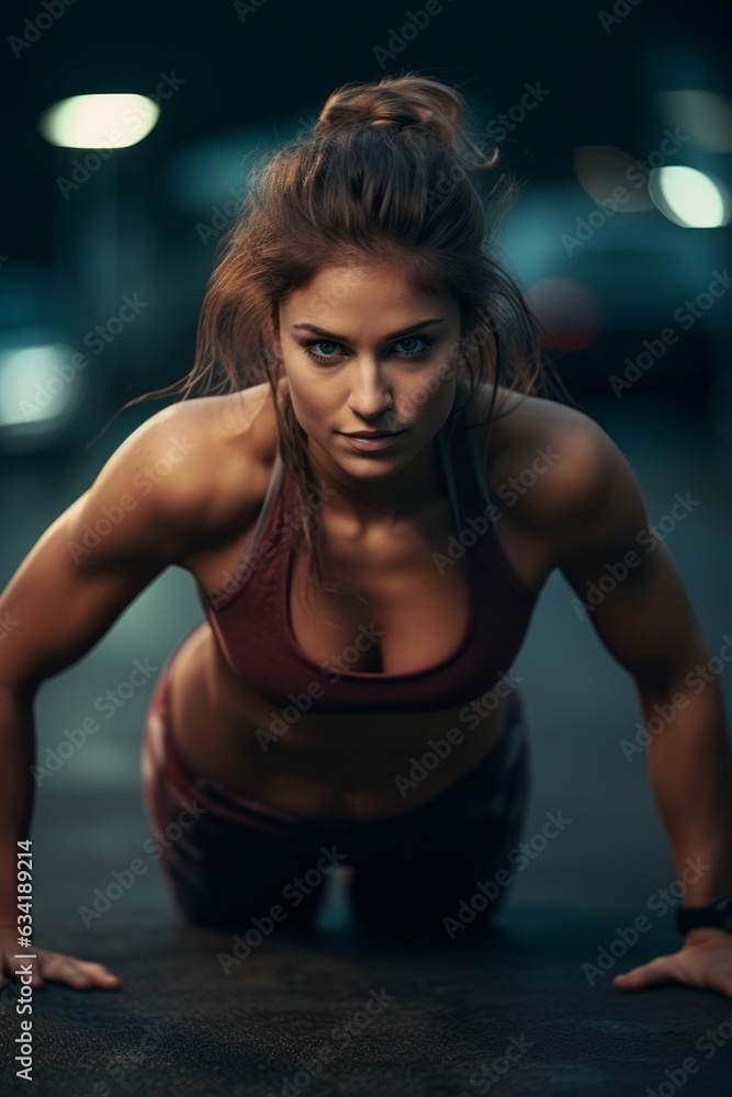 Fototapeta premium Young woman doing push-ups in the gym. Exercise, workout, body fitness. Go hard or go home. Dark background.