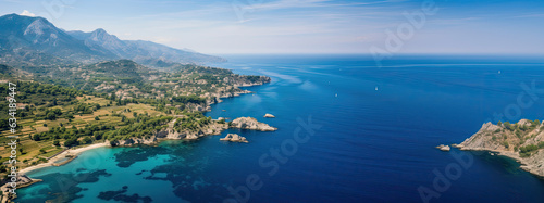 breathtaking aerial view of a blue water of the Mediterranean sea nestled among majestic mountains on the French Riviera, panorama view, large banner, space for your text, idyllic vacation spot, AI