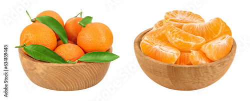 Tangerine or clementine in wooden bowl isolated on white background with full depth of field.