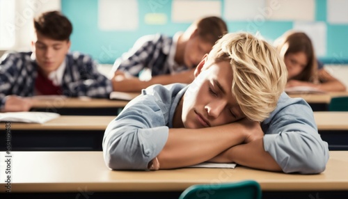 Bored blonde student sleeping at his desk in the classroom