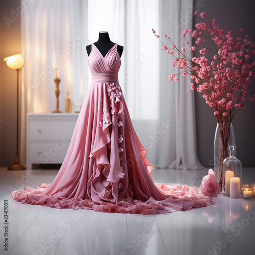 Elegantes verspieltes romantisches Abendkleid in Rose an einer Schneiderpuppe präsentiert in einem ästhetischen Raum mit Blumen und brennenden Kerzen. photo