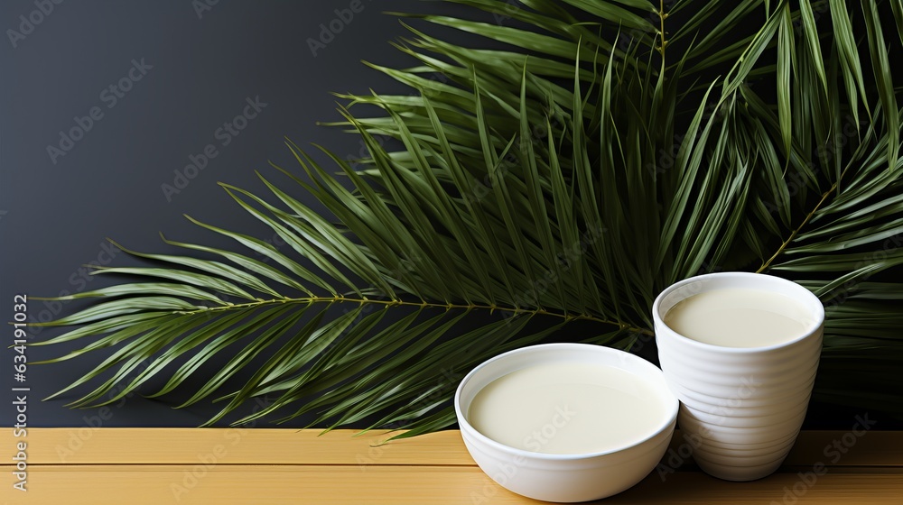 Palm oil buttercream and yeast decorated with palm leaves monochromatic background. Concept: cosmetic and food products from palm oil also the production of shampoos and cosmetics.
