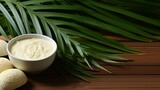 Palm oil buttercream and yeast decorated with palm leaves monochromatic background. Concept: cosmetic and food products from palm oil also the production of shampoos and cosmetics.
