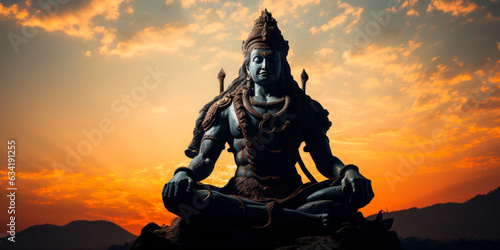 Backlit Statue of Hindu God Lord Shiva in Meditation Posture with Dramatic Sky from Unique Angle: A stunning image of a backlit statue of the Hindu god Lord Shiva in meditation posture,