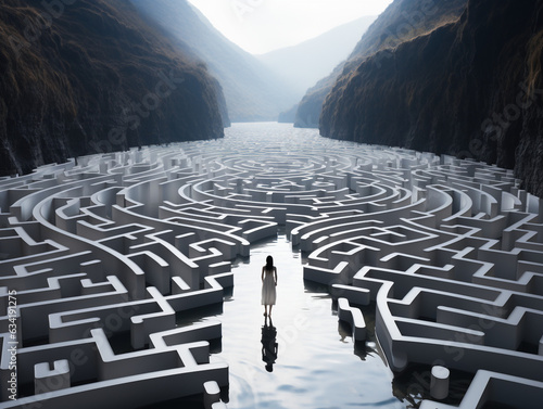 A person walking through a labyrinth or maze, representing the complexity of anxious thoughts and the journey to find clarity. Struggle, uncertainty, anxious thoughts, decision-making mind growth