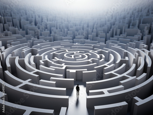 A person walking through a labyrinth or maze, representing the complexity of anxious thoughts and the journey to find clarity. Struggle, uncertainty, anxious thoughts, decision-making mind growth