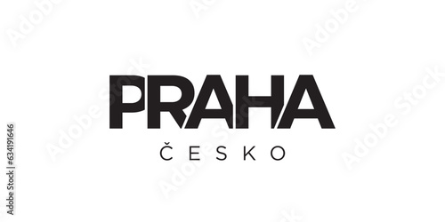 Praha in the Czech emblem. The design features a geometric style, vector illustration with bold typography in a modern font. The graphic slogan lettering.