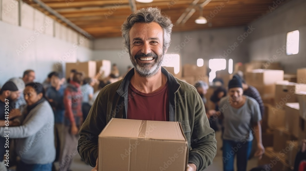 Smiling man holding a box in a charity organization Smiling man holding a box in a charity organization