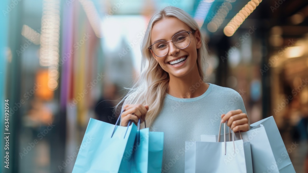 Happy woman holding shopping bag Happy woman holding shopping bag