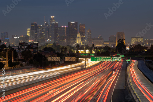 Morning traffic on Interstate 10 approaching downtown Los Angeles