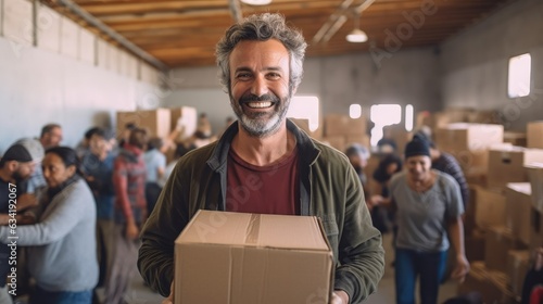 Smiling man holding a box in a charity organization © GMZ